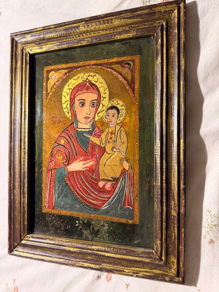 玻璃画 - 圣母与圣婴 - 26.9 x 35.5 厘米 - 木, 玻璃 - 1950-1960 #2.1