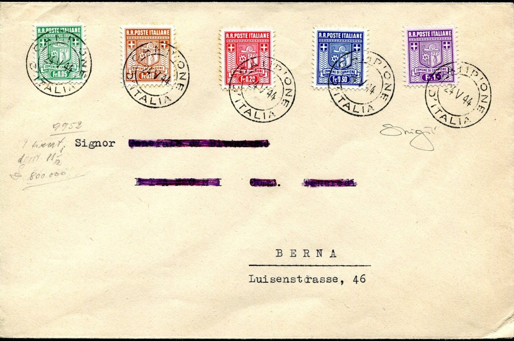 Italy - Campione 1944 - Sample from the 'Stemma' series. The issue was canceled on cover 24/05/44. - Sassone 1a-5a #1.0