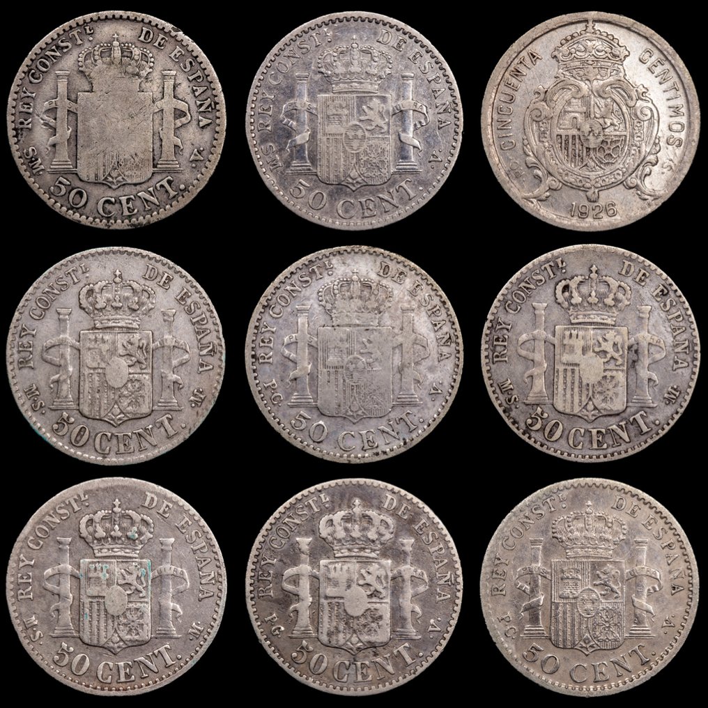 Spanien. Alfonso XII. 9 Monedas 1880 -1926 / Madrid  (Utan reservationspris) #1.0