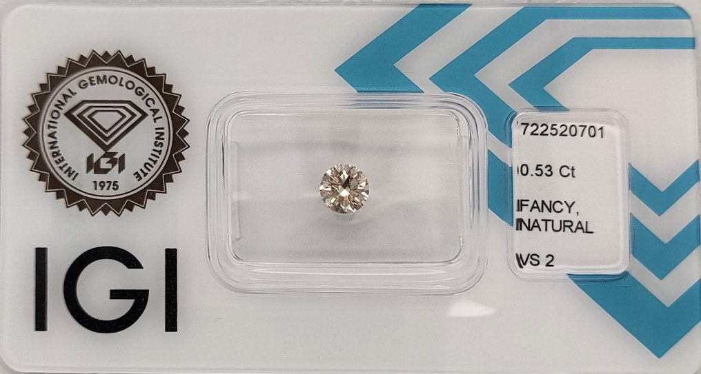 Sans Prix de Réserve - 1 pcs Diamant (Couleur naturelle) - 0.53 ct - Rond - Fancy light Rosâtre Jaune - VS2 - International Gemological Institute (IGI) #1.0