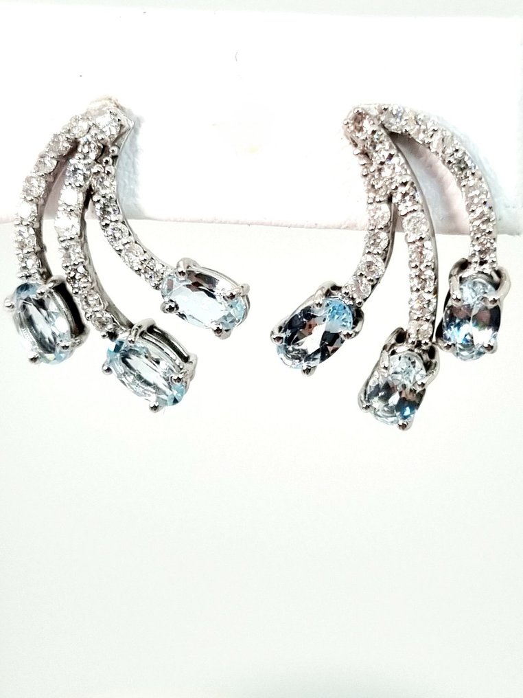 耳环 - 18K包金 白金 海蓝宝石 - 钻石 #3.2