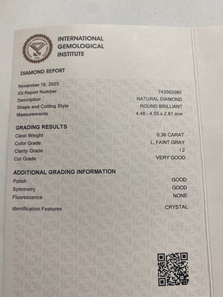 No Reserve Price - 1 pcs Diamond (Natural) - 0.36 ct - Round - L - I2 - International Gemological Institute (IGI) #3.2