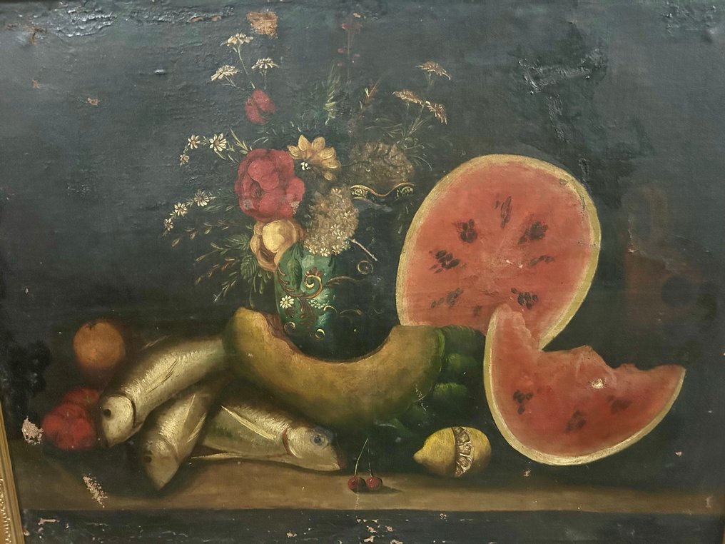 Ιταλική σχολή (XIX) - Bodegón con flores, frutas y peces #2.1