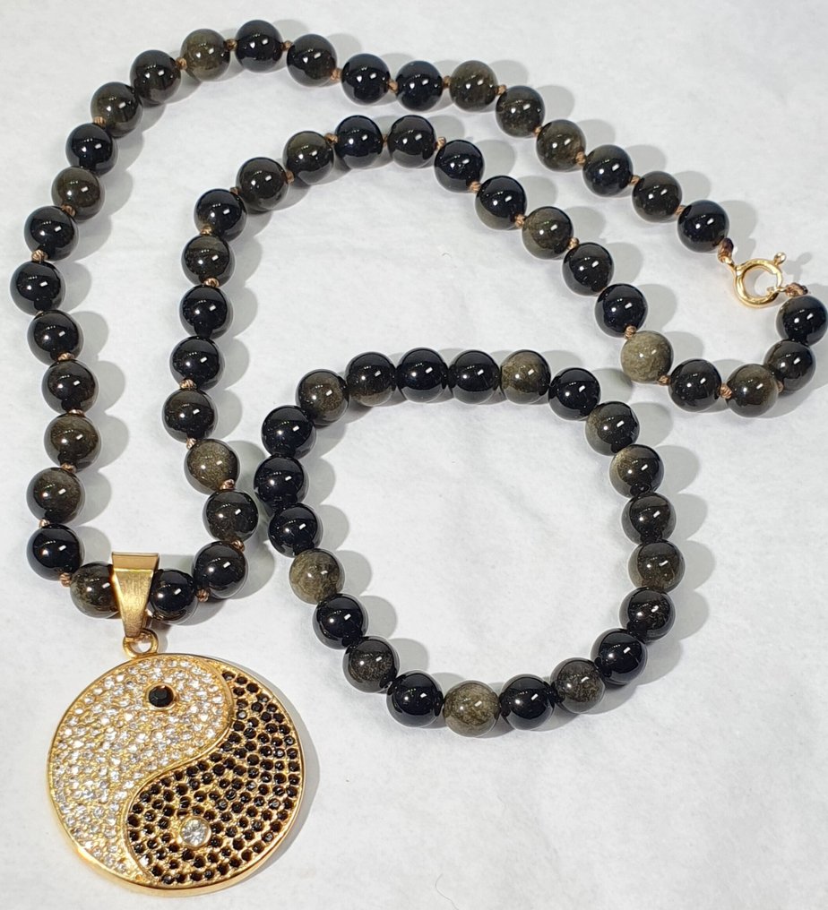 Golden Obsidian - Yin Yan (Symbol of Universal Harmony) - 925 Silver Clasp with Gold Plating - First - Necklace #3.2