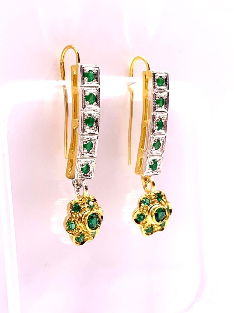 没有保留价 - 耳环 - 9 kt. 黄金, 银 祖母绿 - 祖母绿 #3.2