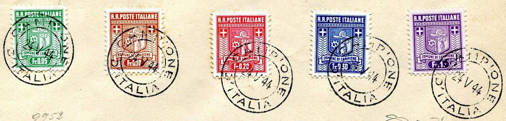Italy - Campione 1944 - Sample from the 'Stemma' series. The issue was canceled on cover 24/05/44. - Sassone 1a-5a #2.1