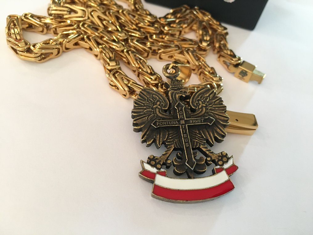 Hypoallergenic Kings Chain 24kt Gold Plated Polska Poland - Necklace with pendant - Polish Eagle Double Sided #2.1