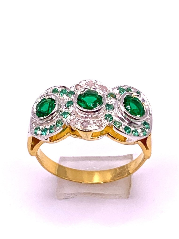 χωρίς τιμή ασφαλείας - Βραδινό δαχτυλίδι - 9 kt. Κίτρινο χρυσό, Ασημί Σμαράγδι - Σμαράγδι - Diamanti #1.0