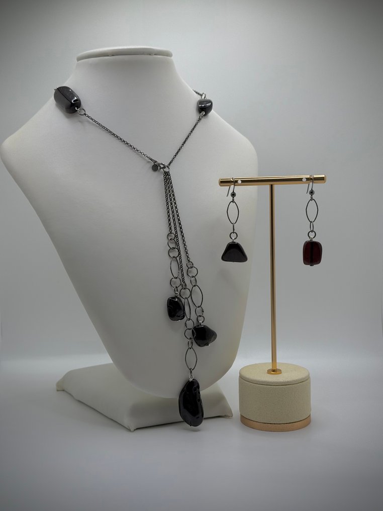 Unico - Rara Ambra Baltica Nera - Argento 925 Brunito - Certifikat for ægthed - Førsteklasses - Smykkesæt med 2 dele - Eksklusiv arbejdskraft #1.0