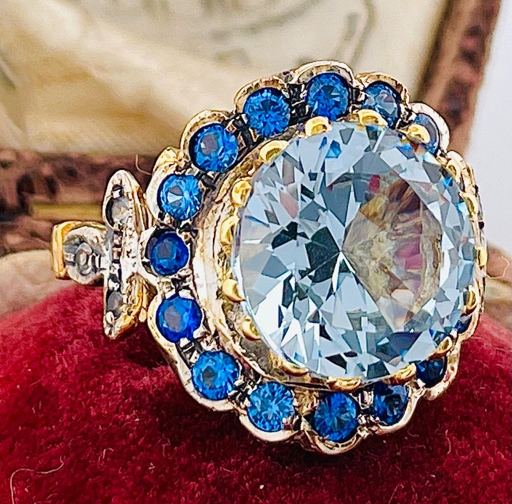 Ingen mindstepris - Ring - 9 kt. Gulguld, Sølv Akvamarin - Safir #4.3