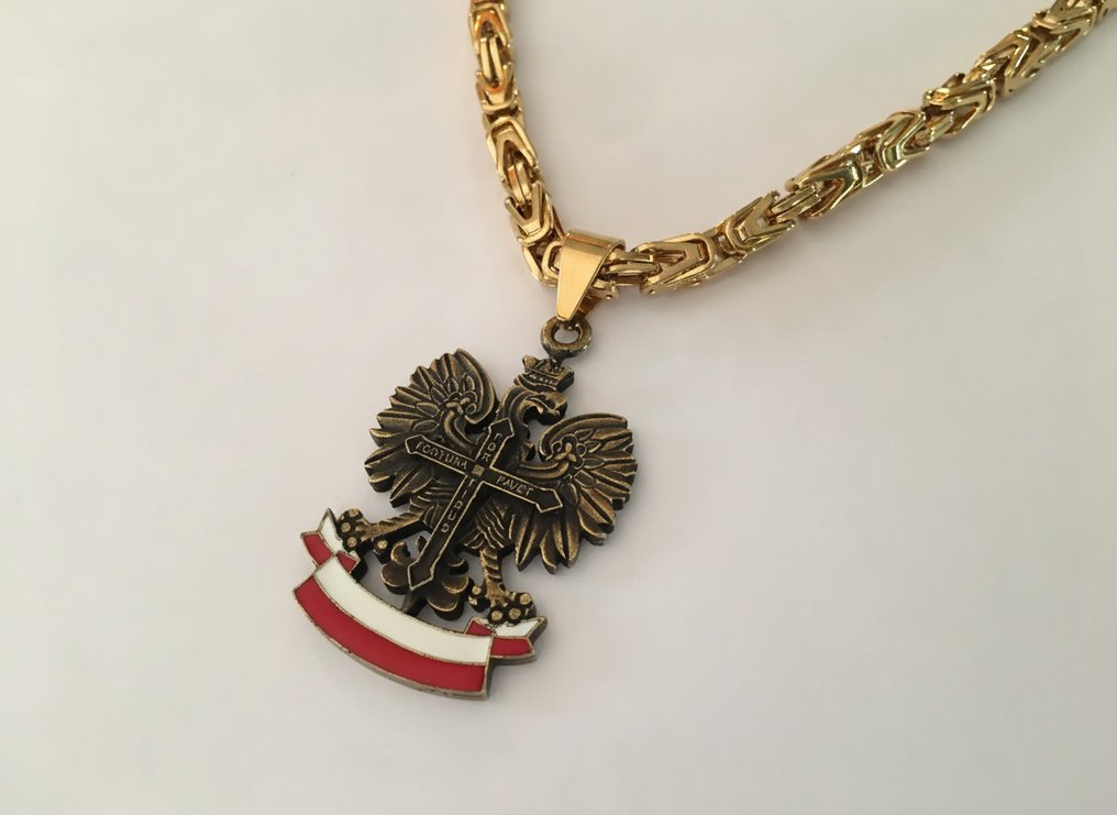 Hypoallergenic Kings Chain 24kt Gold Plated Polska Poland - Necklace with pendant - Polish Eagle Double Sided #1.0