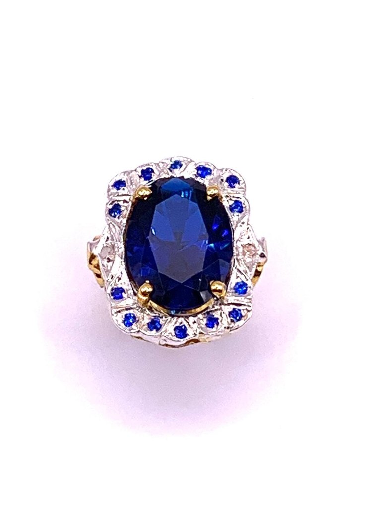 Ingen reservasjonspris - Statement ring - 9 karat Gull, Sølv Safir - Safir - Diamanter #1.0