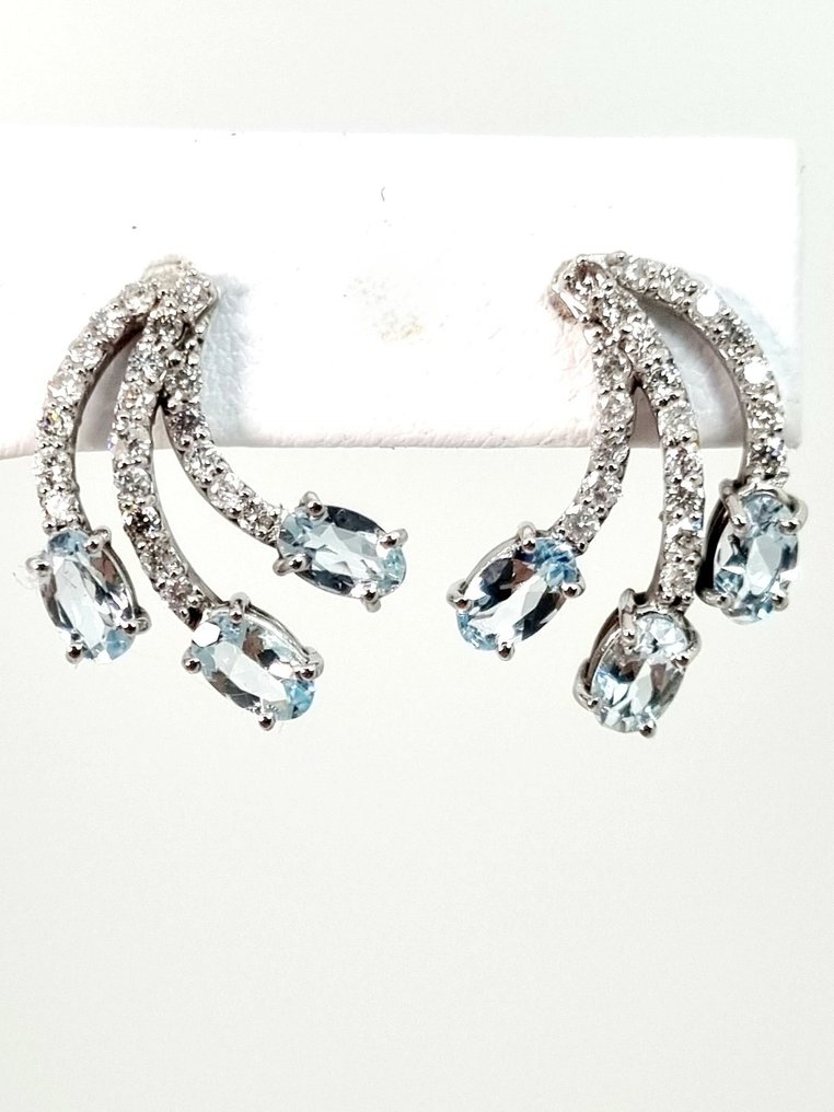 耳环 - 18K包金 白金 海蓝宝石 - 钻石 #4.3