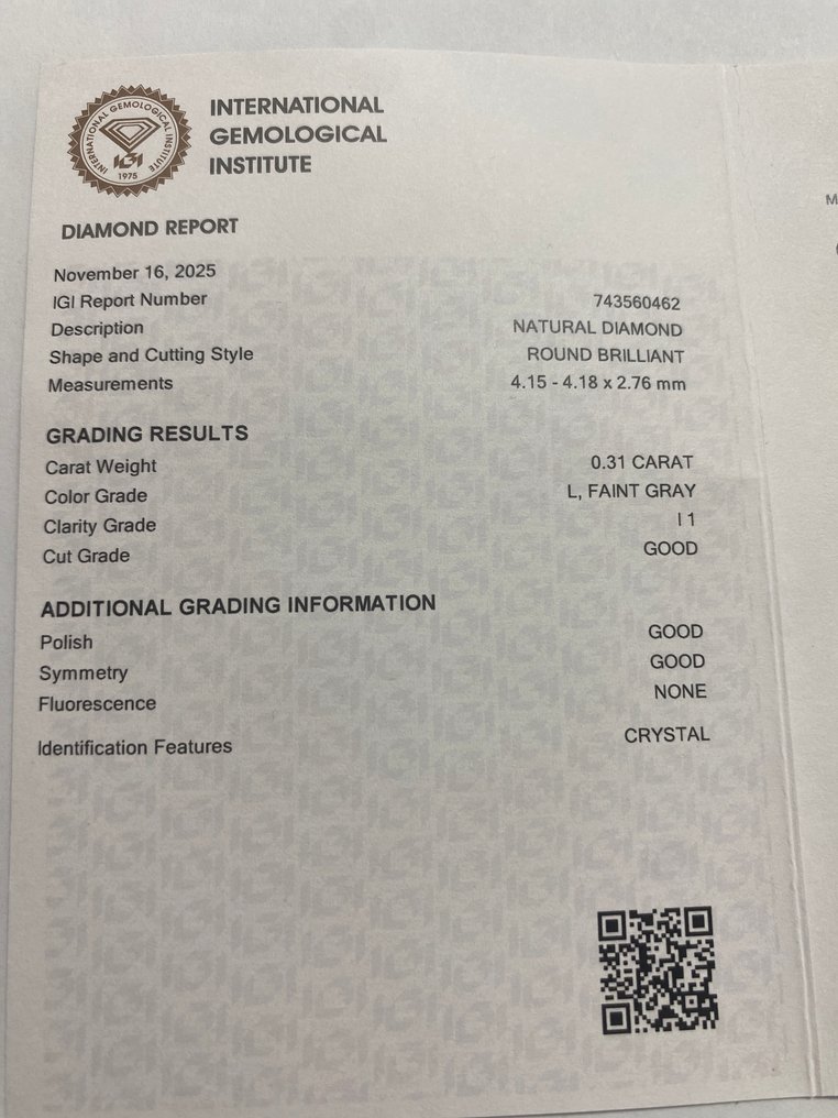 Fără preț de rezervă - 1 pcs Diamant (Natural) - 0.31 ct - Rotund - L - I1 - IGI (Institutul gemologic internațional) #3.2