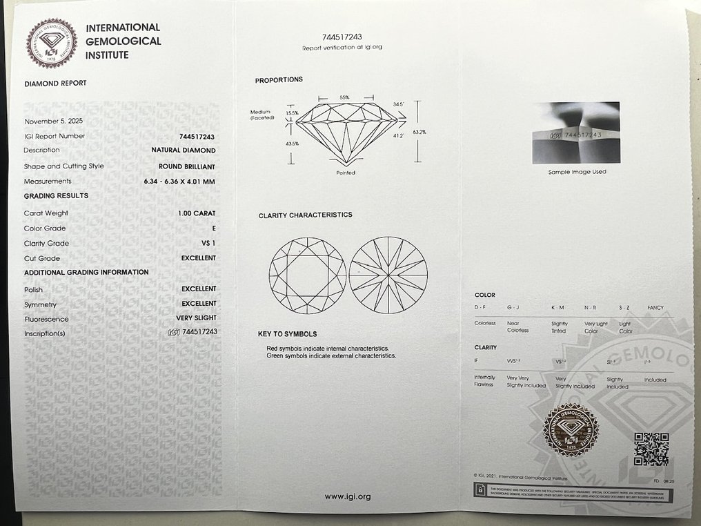 1 pcs Diamond (Natural) - 1.00 ct - Round - E - VS1 - International Gemological Institute (IGI) #3.2