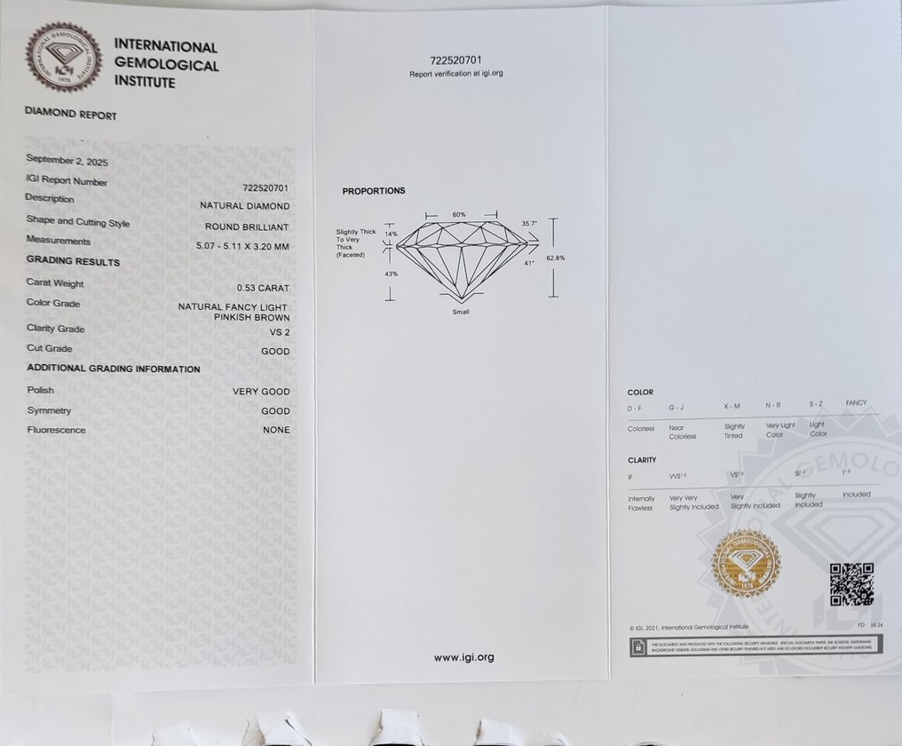 Sans Prix de Réserve - 1 pcs Diamant (Couleur naturelle) - 0.53 ct - Rond - Fancy light Rosâtre Jaune - VS2 - International Gemological Institute (IGI) #4.3