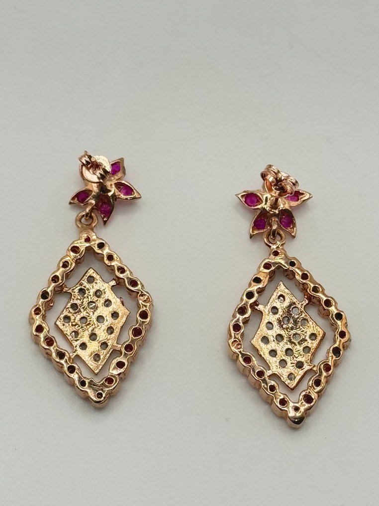 No reserve price - Earrings - 9 kt. Silver, Rose gold Ruby - Diamond #4.3
