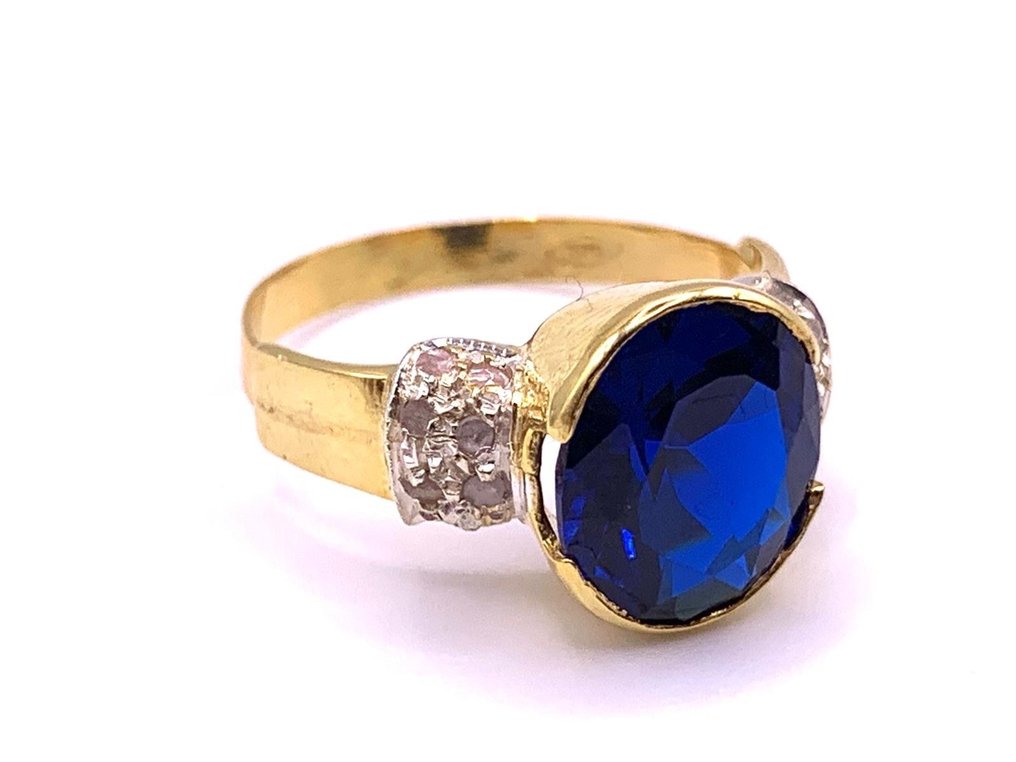 Ohne mindestpreis - Ring - 9 Kt Gelbgold, Silber Saphir - Diamant #2.1