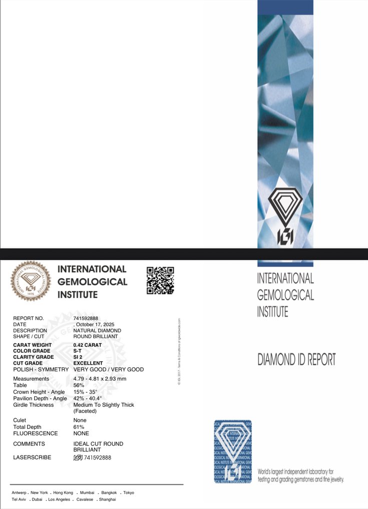 没有保留价 - 1 pcs 钻石 (天然) - 0.42 ct - 圆形 - SI2 微内含二级 - 国际宝石研究院(IGI) - S - T #4.3