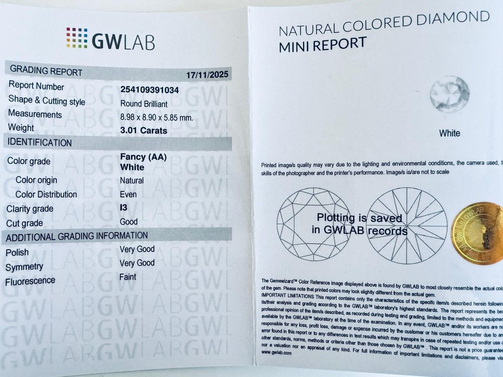 沒有保留價 - 1 pcs 鑽石 (天然彩色) - 3.01 ct - 圓形 - Fancy 白色 - I3 - Gemewizard Gemological Laboratory (GWLab) #3.2