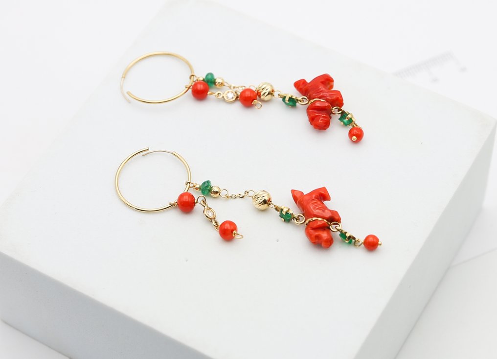 Drop fülbevaló - 18 kt. Sárga arany Korall - Gyémánt #1.0