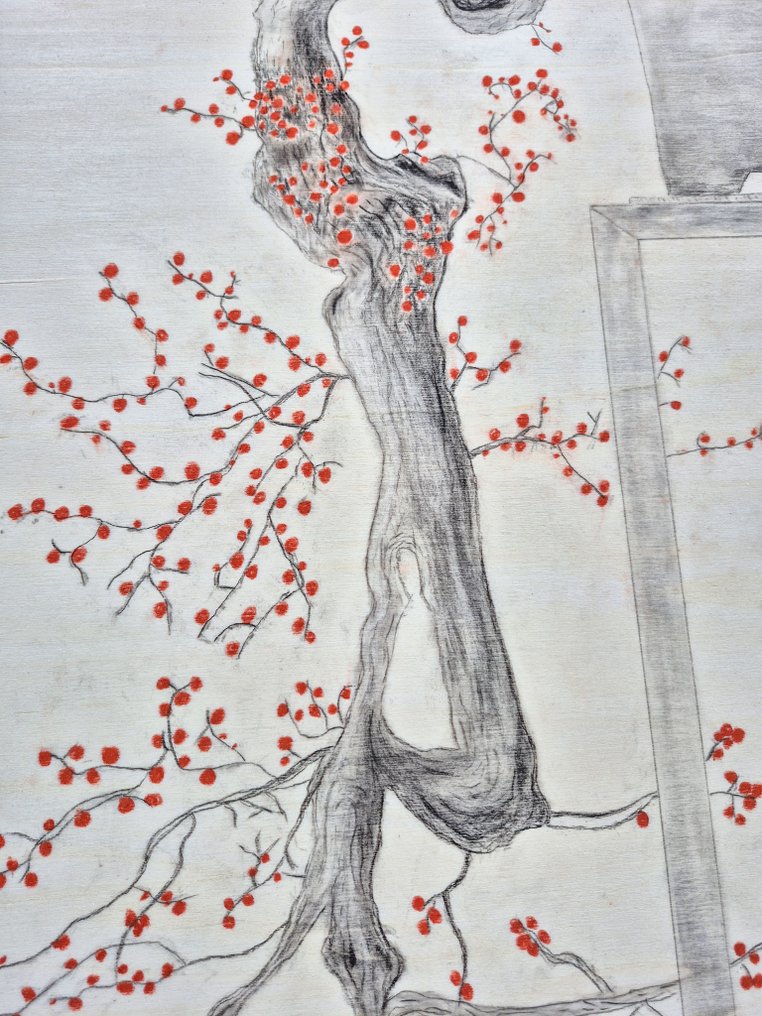Kézzel rajzolt szénrajz egy bonsairól faanyagon – 1 méter - Magasság (fa): 100 cm - Mélység (fa): 65 cm - Japán #4.3