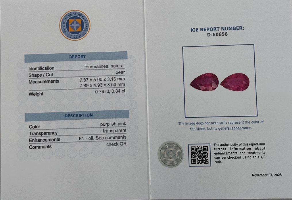 2 pcs  粉色 电气石  - 1.60 ct - 西班牙宝石学院（IGE） #2.1