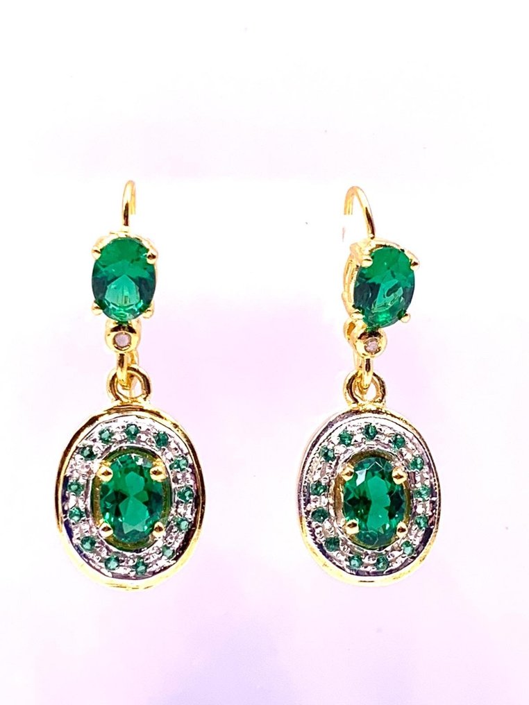 没有保留价 - 鸡尾酒耳环 - 9 kt. 黄金, 银 祖母绿 - 祖母绿 - Diamanti #1.0