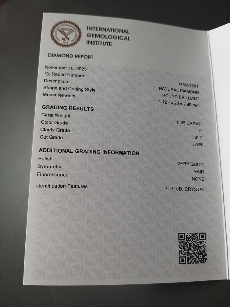 没有保留价 - 1 pcs 钻石  (天然)  - 0.35 ct - 圆形 - H - SI2 微内含二级 - 国际宝石研究院（IGI） #1.0