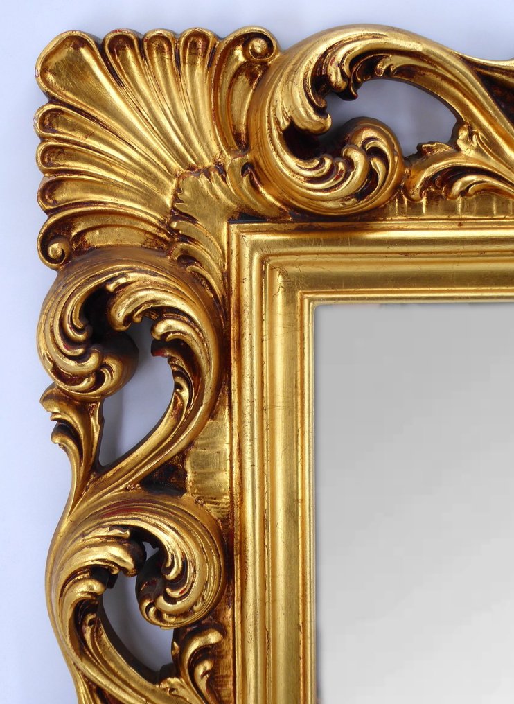 Specchio barocco in legno intarsiato e intagliato Foglia Oro 24K Anticato, - Καθρέφτης τοίχου  - Ξύλο #3.2