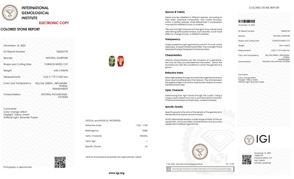 Nincs minimálár - 1 pcs Sárga, Zöld, Barna, Lila Diaszpor - 4.96 ct - Nemzetközi Gemmológiai Intézet (IGI) - Színváltó Zultanite #4.3