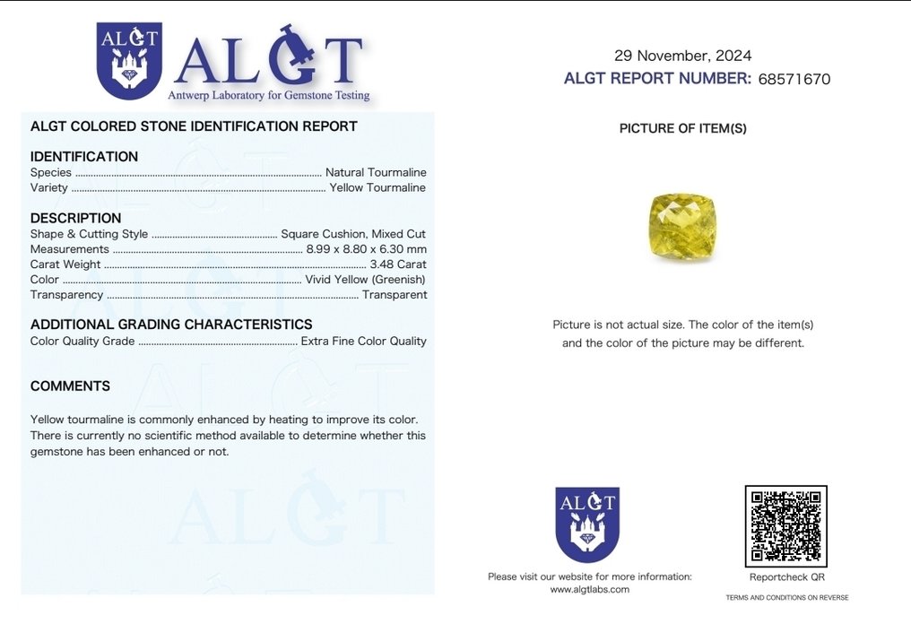 黃色, 綠色 電氣石  - 3.48 ct - Antwerp Laboratory for Gemstone Testing (ALGT) - 稀有金絲雀碧璽！ #4.3