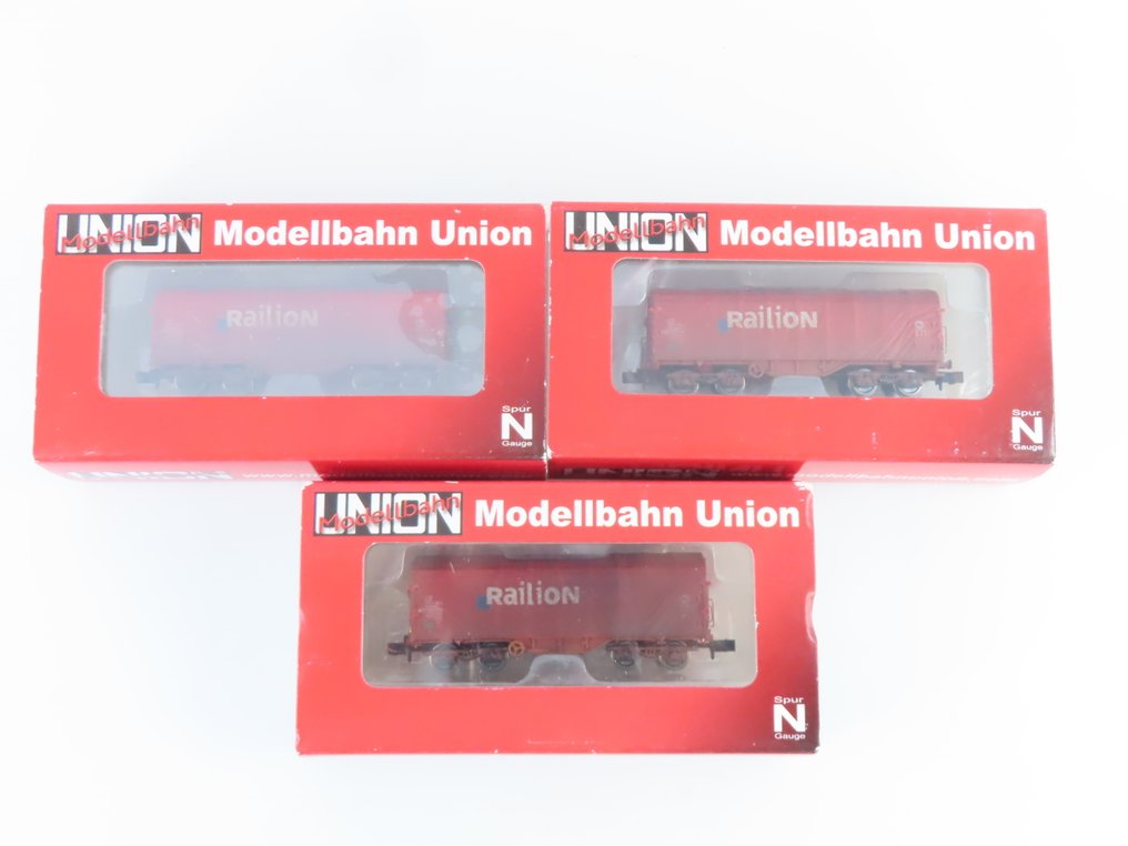 Modellbahn Union N - MU31003W - Modellvonat teherfuvarozás (3) - 3x 4-assignes Zeildakwagen 'Railion' Weathered - NS, Railion #1.0