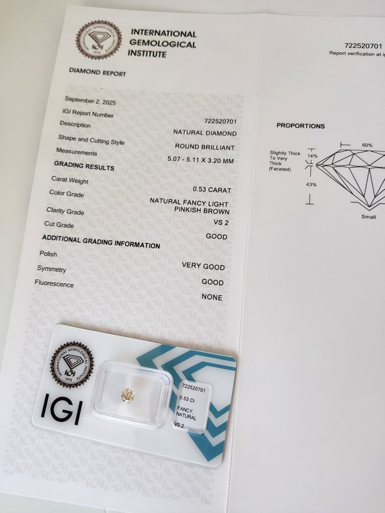 Sans Prix de Réserve - 1 pcs Diamant (Couleur naturelle) - 0.53 ct - Rond - Fancy light Rosâtre Jaune - VS2 - International Gemological Institute (IGI) #3.2
