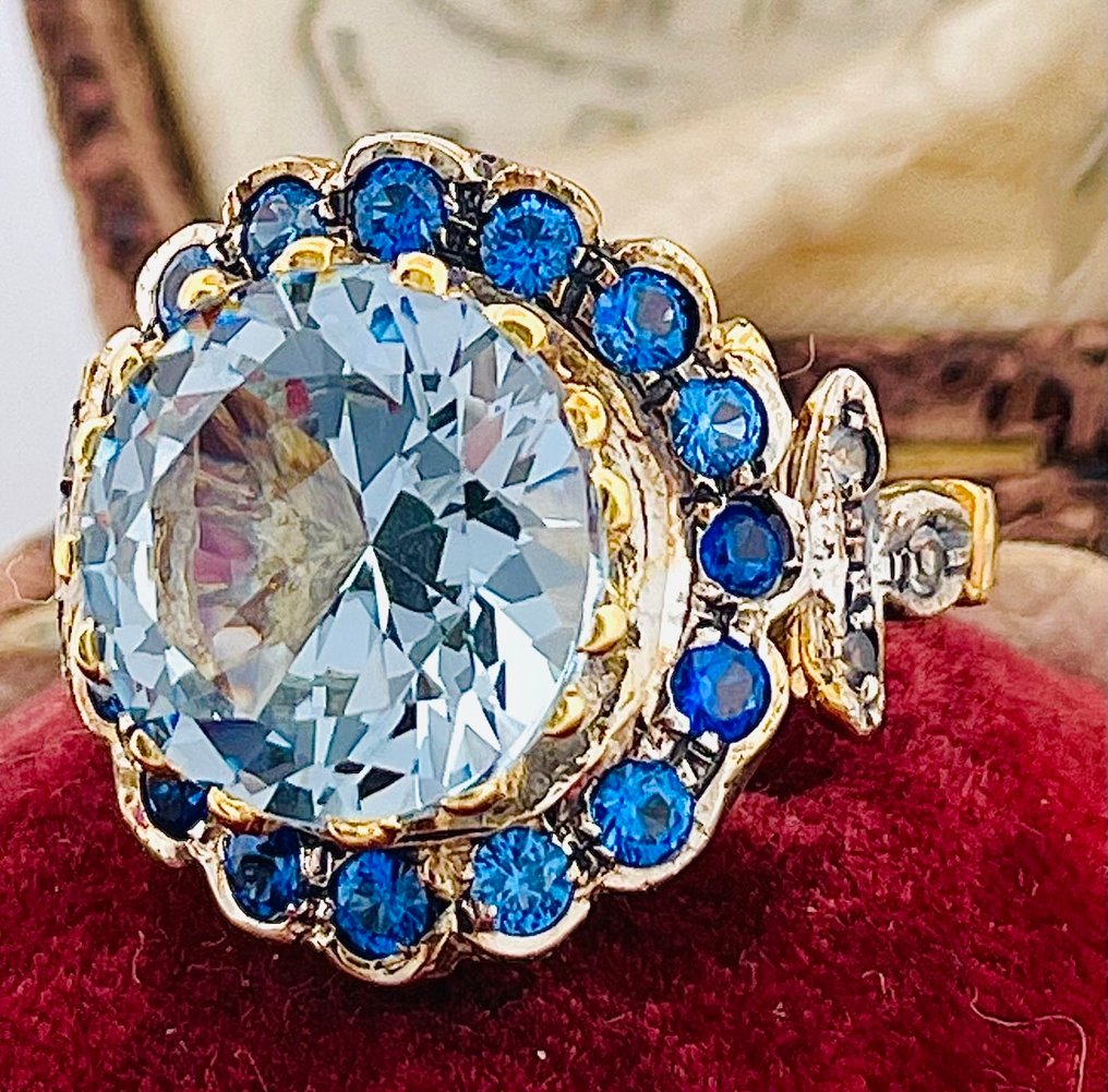 Ingen mindstepris - Ring - 9 kt. Gulguld, Sølv Akvamarin - Safir #1.0