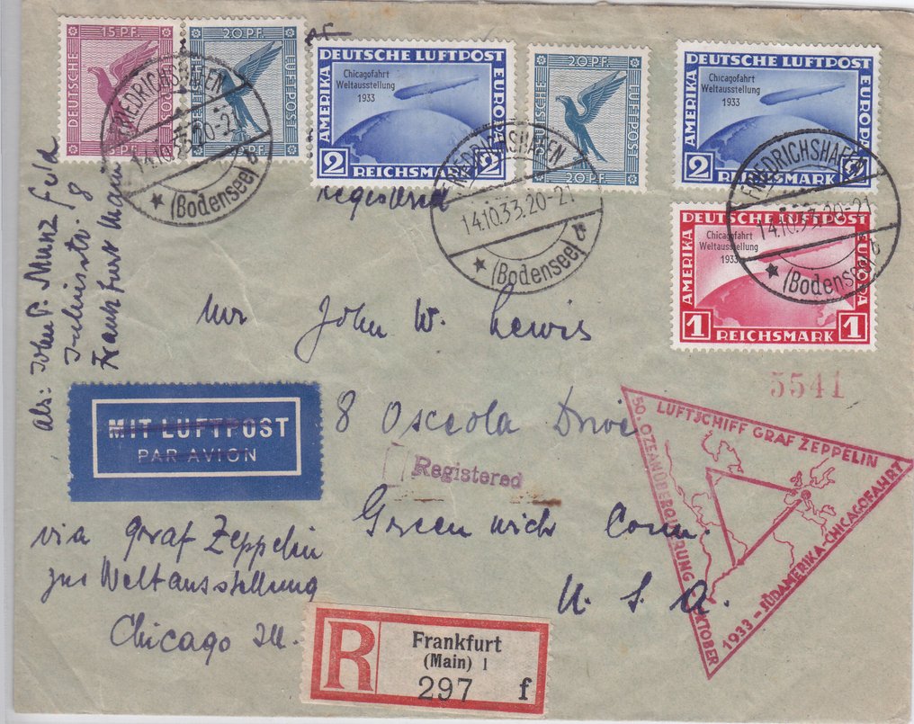 Γερμανική Αυτοκρατορία 1933 - Zeppelin Chicago ταξίδι, επιστολή R με σφραγίδα επιβεβαίωσης - διακοσμητικό αποδεικτικό - Michel 2x 497, 496 etc #1.0