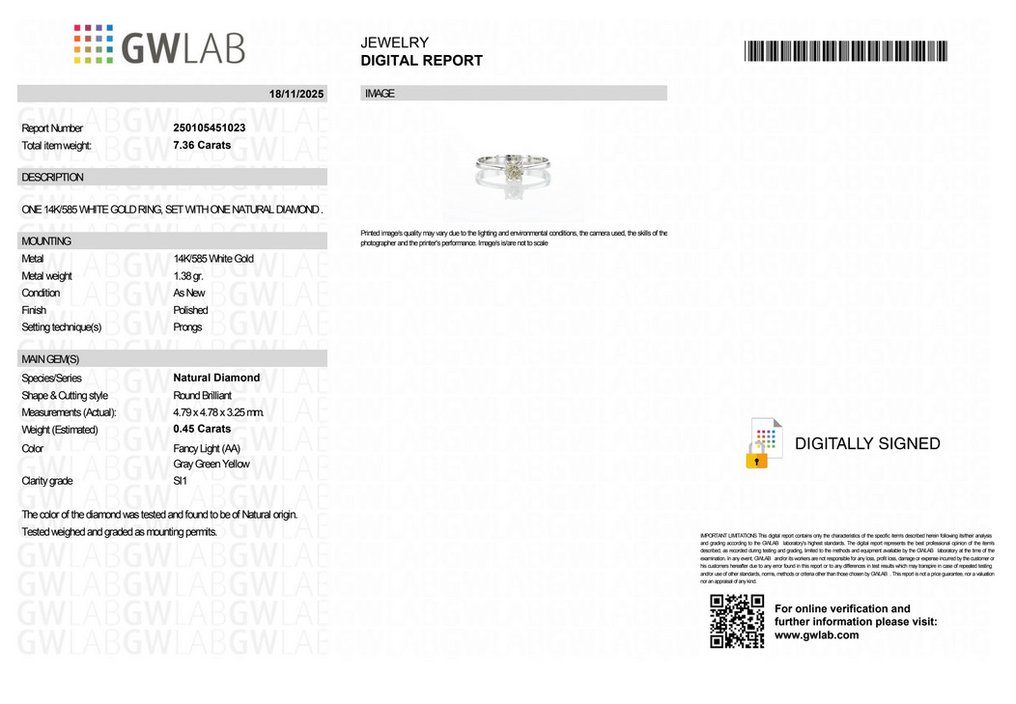 没有保留价 - 戒指 - 14K包金 白金 -  0.45ct. tw. 钻石 (天然色彩的) - GWLab #2.1