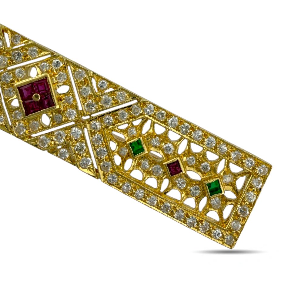 Rintaneula - 18 kt. Keltakulta, Eksklusiivinen Art Deco 18K keltakultainen 1,12 ct timantti, smaragdi ja rubiini suuri rintakoru. Timantti (Luonnollinen) #2.1