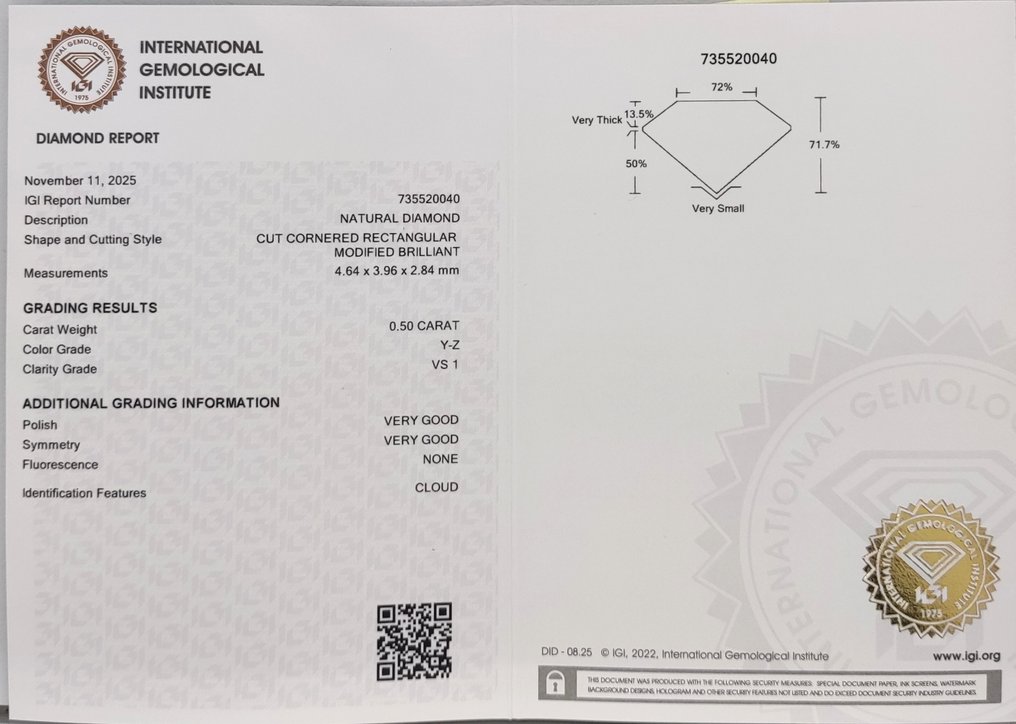 Nincs minimálár - 1 pcs Gyémánt (Természetes színű) - 0.50 ct - Radiant - VS1 - Nemzetközi Gemmológiai Intézet (IGI) - Y - Z #4.3