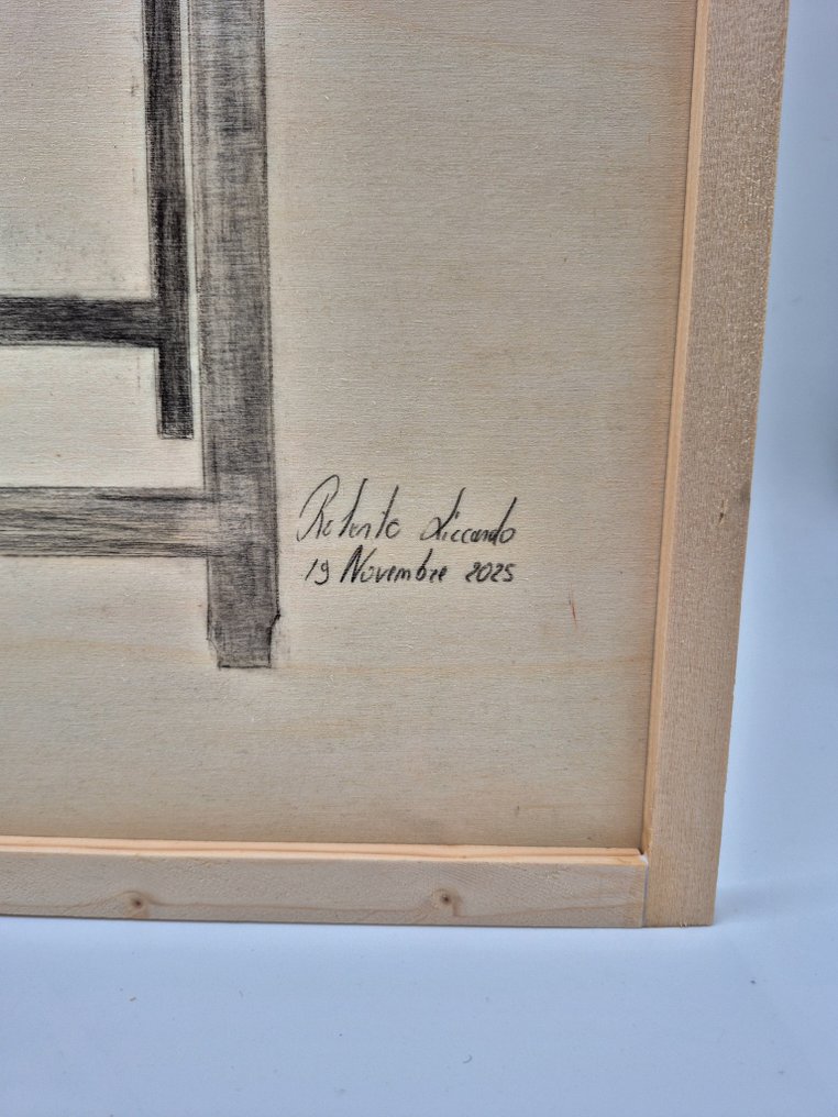 Kézzel rajzolt szénrajz egy bonsairól faanyagon – 1 méter - Magasság (fa): 100 cm - Mélység (fa): 65 cm - Japán #1.0