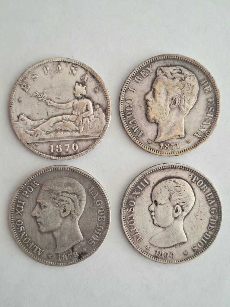 Spania. 5 Pesetas 1870 / 1890 (4 monedas) (Ingen reservasjonspris) #2.1