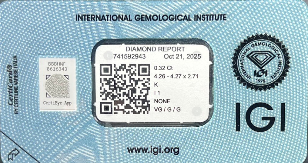 No Reserve Price - 1 pcs Diamond  (Natural)  - 0.32 ct - Round - K - I1 - International Gemological Institute (IGI) #3.2