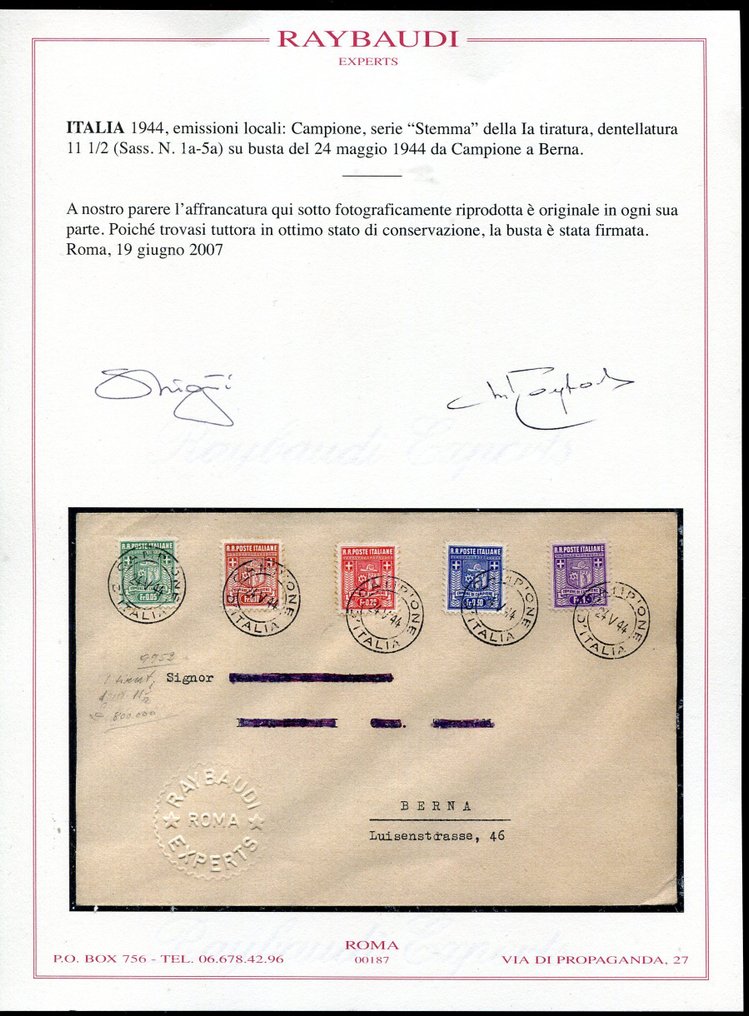 Italy - Campione 1944 - Sample from the 'Stemma' series. The issue was canceled on cover 24/05/44. - Sassone 1a-5a #1.0