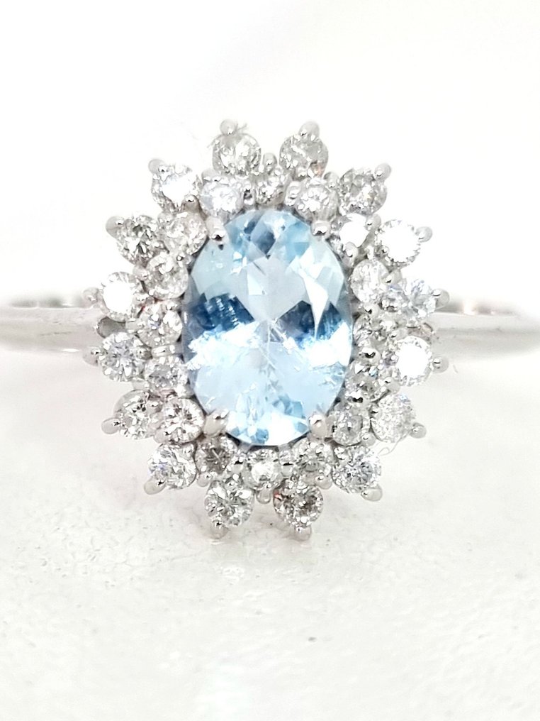 戒指 - 18K包金 白金 海蓝宝石 - 钻石 #1.0