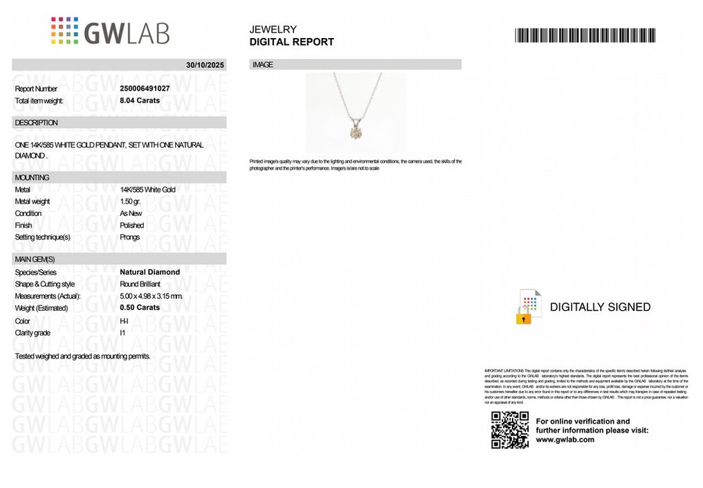 Sem preço de reserva - Colar com pingente - 14 K Ouro branco -  0.50ct. tw. Diamante (Natural) - GWLAB #2.1