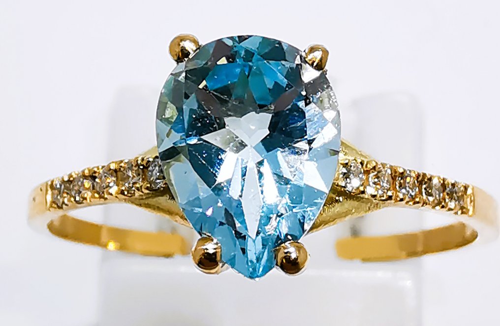 没有保留价 - 戒指 - 14K包金 黄金 -  0.85ct. tw. 海蓝宝石 - 钻石 #3.2