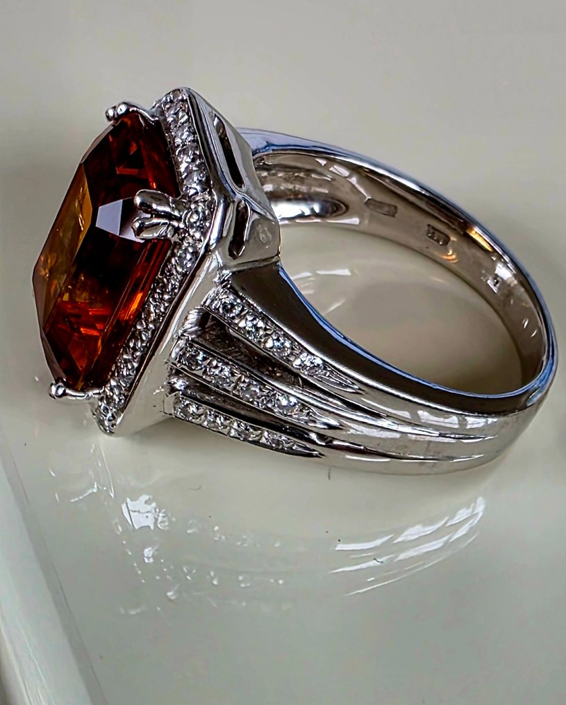 鸡尾酒戒指 - 18K包金 白金 -  11.90ct. tw. 黄水晶 - 钻石 - 橙色-金色-浓烈 #2.1