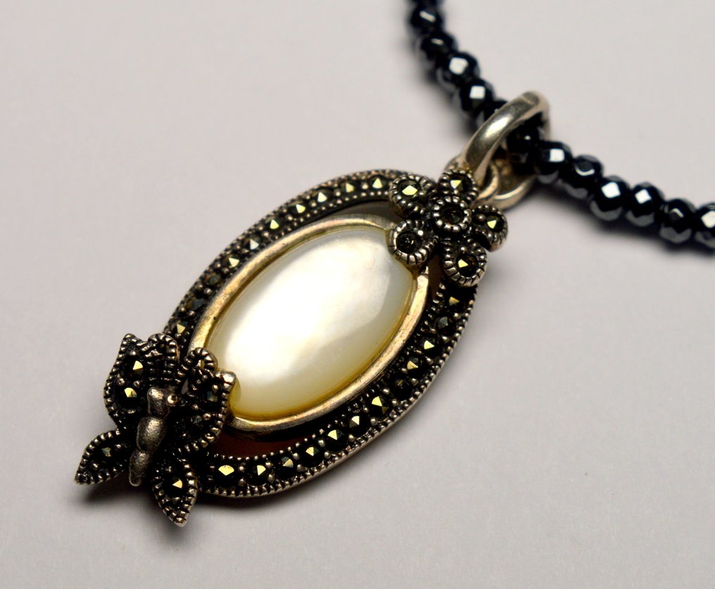 925 sølv - sort hematit og perlemor - Halskæde #2.1