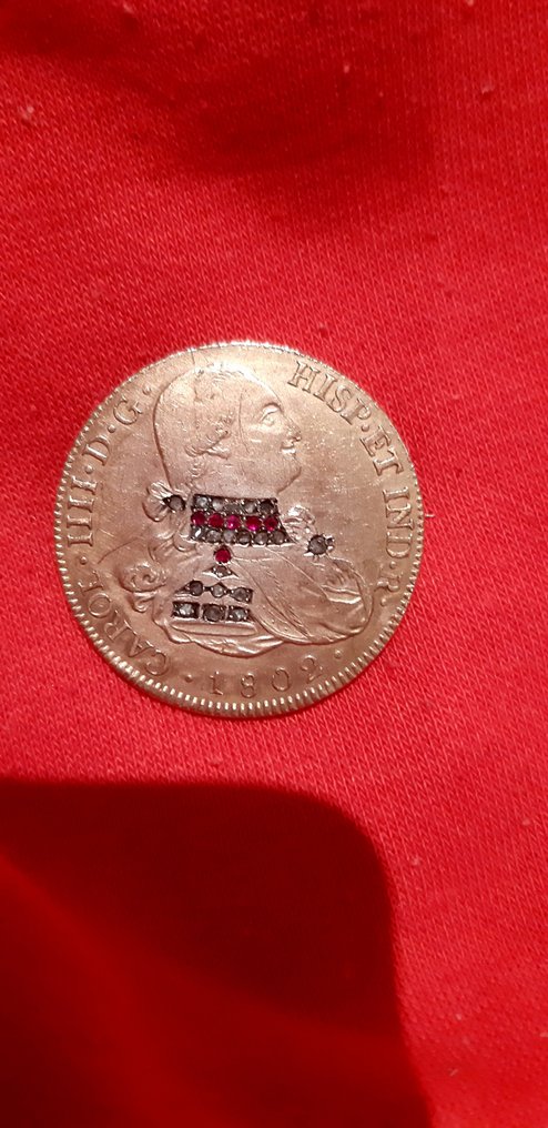 Spanien. Carlos IV. 8 Escudos 1802 Potosi PP - Coin used as a brooch with precious stone inlays #3.2