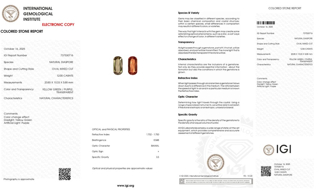 1 pcs  黄色, 绿色, 紫色 水硬铝石  - 12.00 ct - 国际宝石研究院（IGI） - 变色的Zultanite #3.2